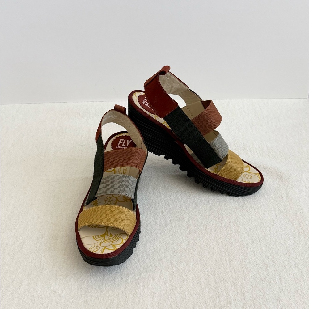 Fly London Multicolor Elastic Strap Wedge Sandals - Picture 2 of 8